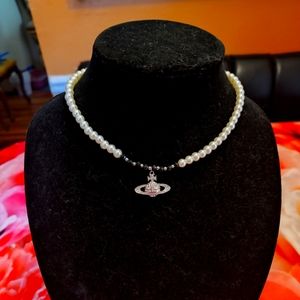 Vivienne Westwood Inspired Faux Pearl and Black Beaded Necklace